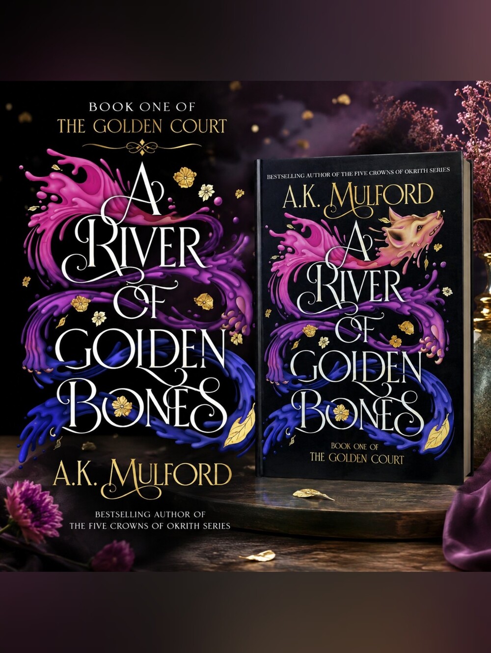 A River of Golden Bones by A.K. Mulford - Black Cover with Purple & Pink Art